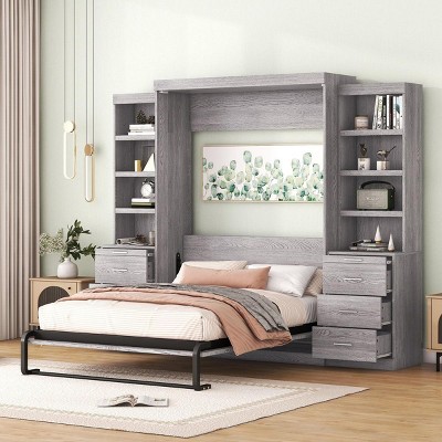 Streamdale Full Size Murphy Bed with Storage Shelves and Drawers, Gray