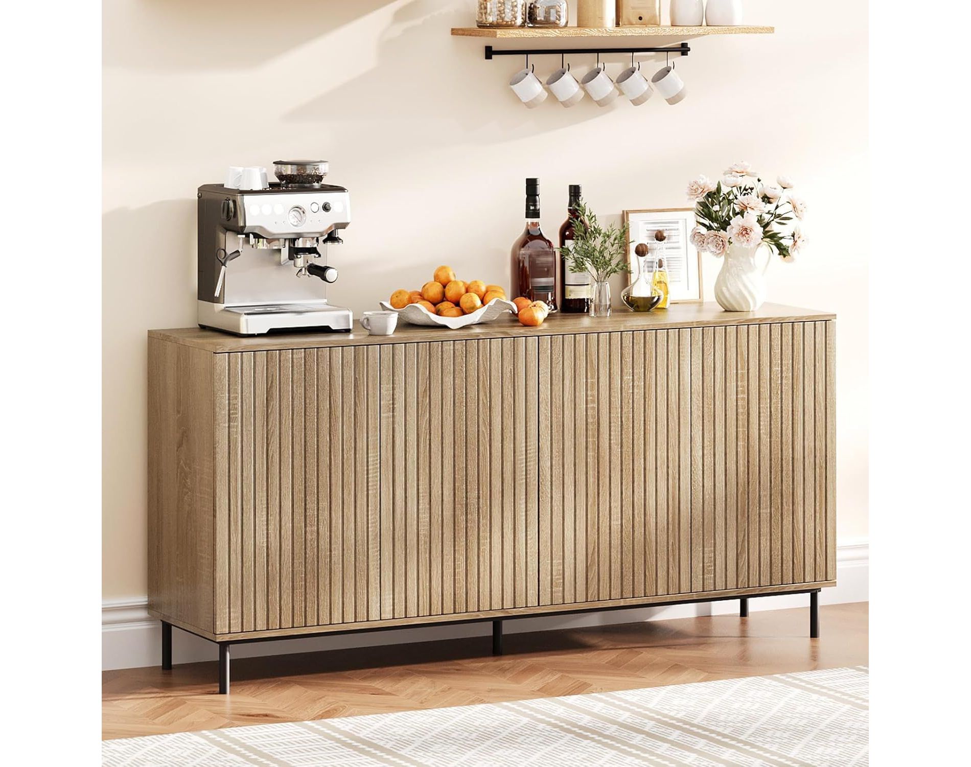 Acekool 63" Fluted Sideboard Cabinet, 4-Door Buffet with Adjustable Shelves & Metal Legs, Modern Credenza for Living Room, Entryway