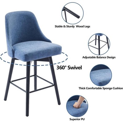 Swivel Bar Chair, with Backrest and Wooden Legs, Upholstered Fabric Bar Chair, 360 Degree Swivel Chair, for Home, Office, Bar, Coffee Shop