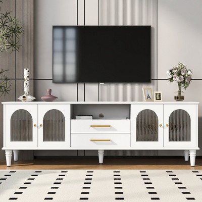 68.9 Inch Retro Tv Stand For Tvs Up To 75 Inch, Entertainment Center Media Console With Fluted Glass Door And Five Solid Wood Legs For Living Room