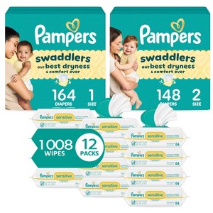 Pampers Swaddlers Sensitive Disposable Diapers Size 1 - 164ct + Size 2 - 148ct + Sensitive Baby Wipes - 1008ct - 1 of 4