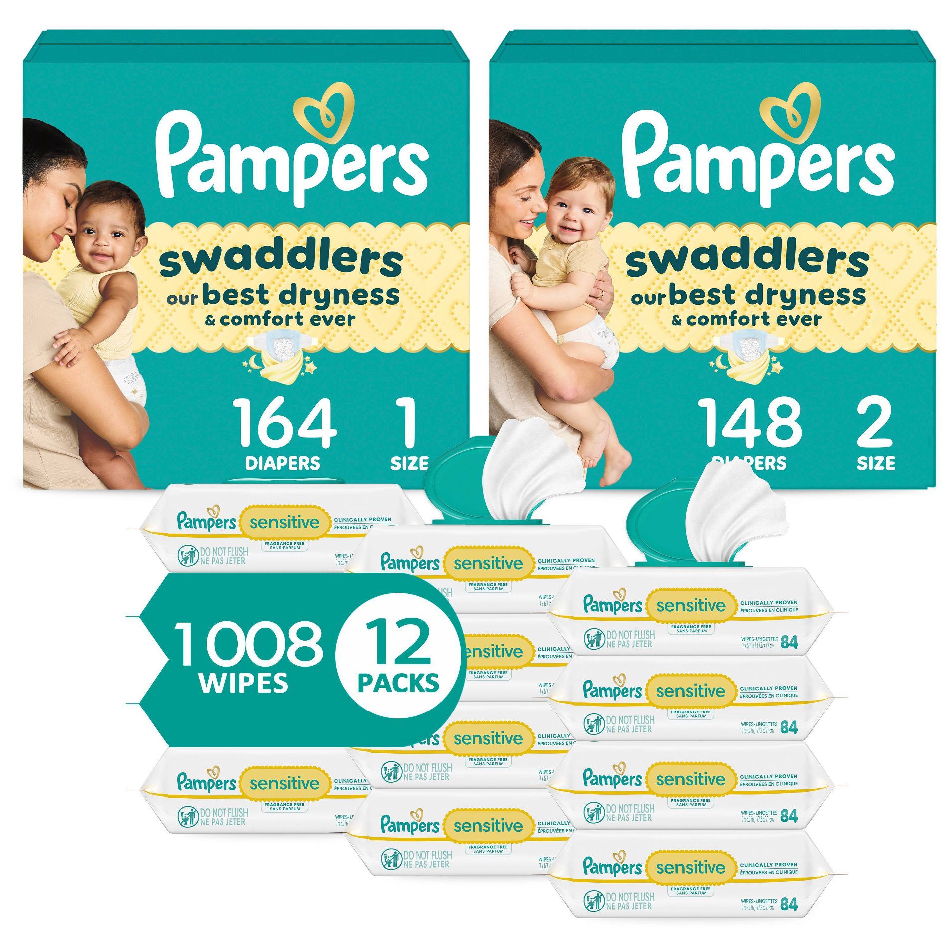 Pampers Swaddlers Sensitive Disposable Diapers Size 1 - 164ct + Size 2 - 148ct + Sensitive Baby Wipes - 1008ct