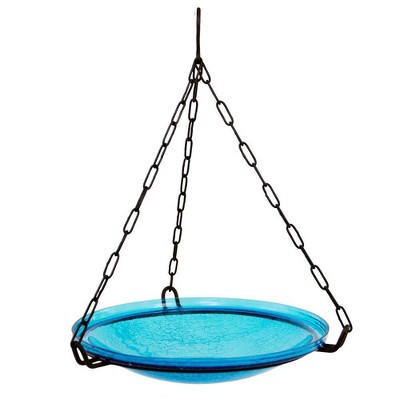 Teal Crackle Glass Hanging Birdbath Bowl, 14-Inch