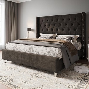 Bed Frame Upholstered Bed Wingback Headboard Velvet Tufted Diamond Button - 1 of 4