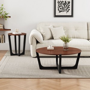 NicBex Round Industrial Solid Wood Coffee Table with Metal Legs,Modern Side Table Set for Living Room,Apartment - 1 of 4