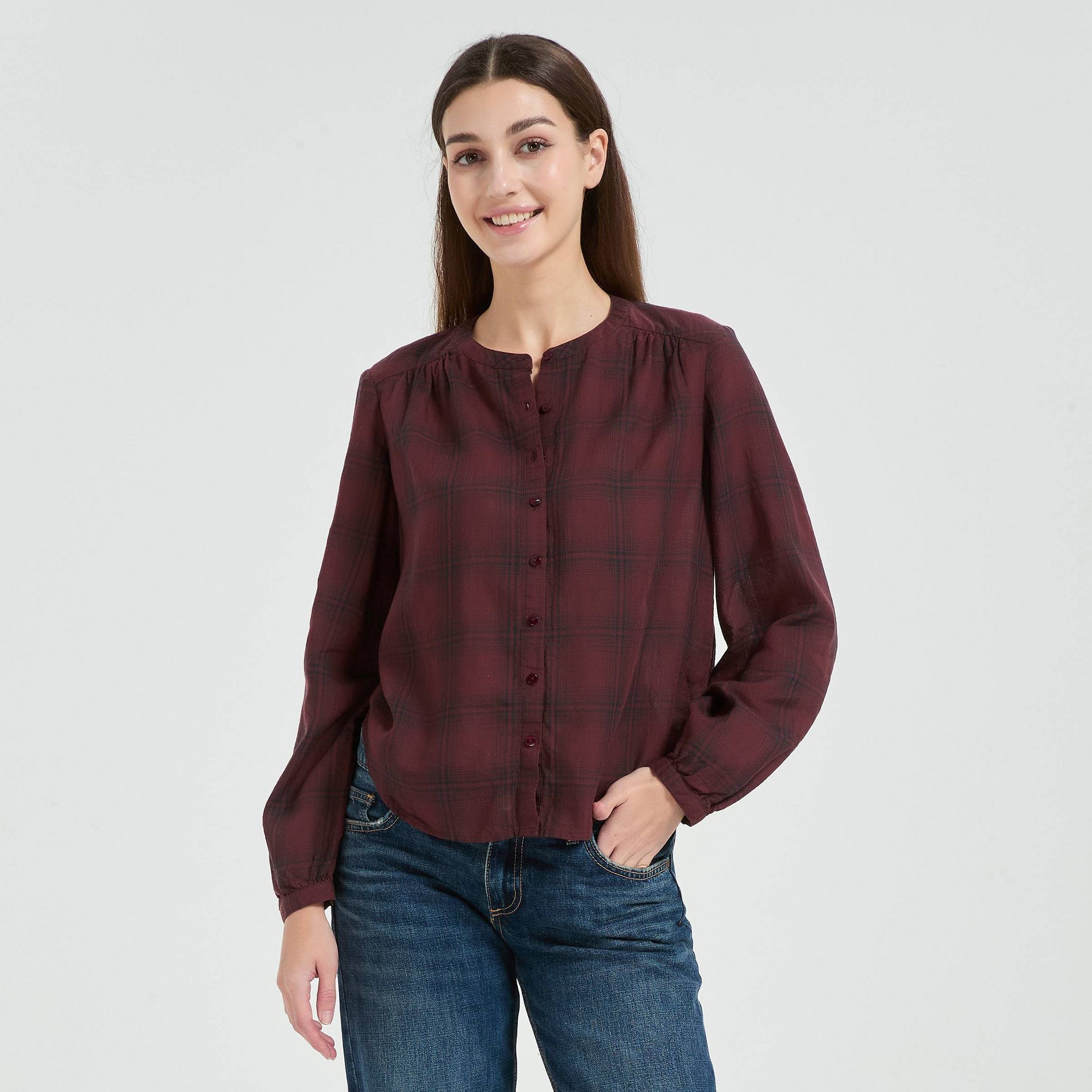 Women's Long Sleeve Button-Down Shirt - Universal Thread™ Rosewood Brown Plaid XS