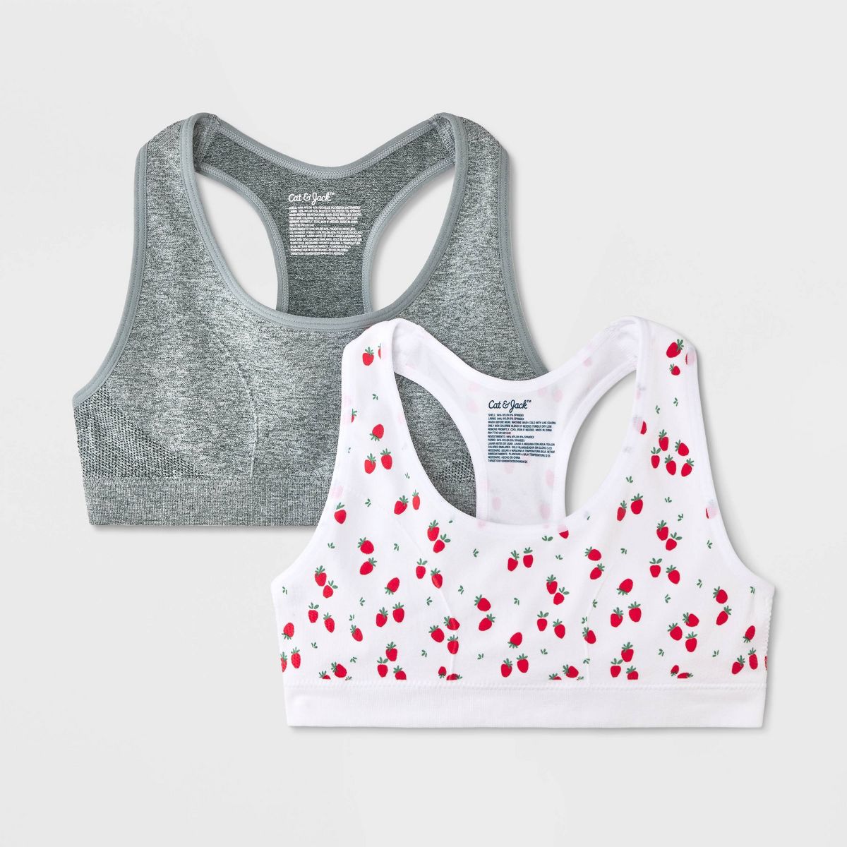 girls 2pk strawberry printed sports bra - cat & jack" white/red/gray m