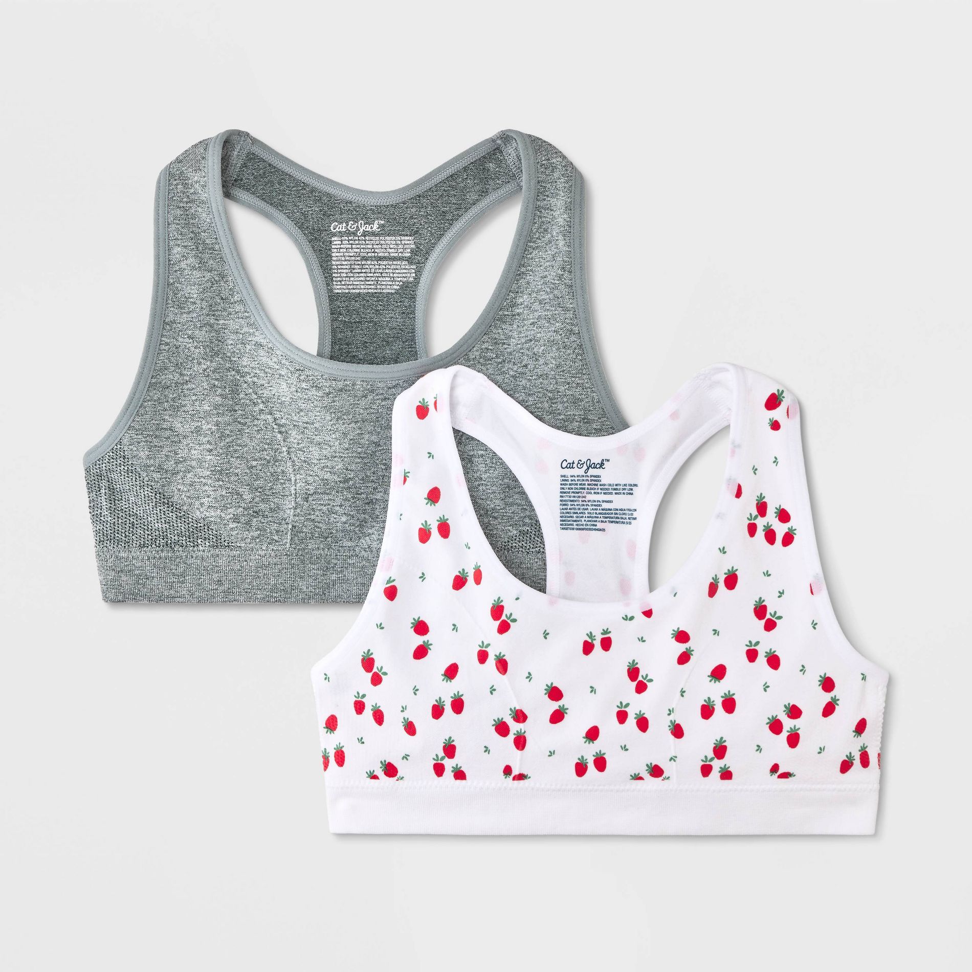 Girls' 2pk Strawberry Printed Sports Bra - Cat & Jack™ White/Red/Gray