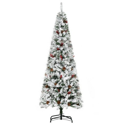 HOMCOM Pencil Snow Flocked Artificial Christmas Tree with Pine Realistic Branches, Pine Cones, Red Berries, Auto Open, Green