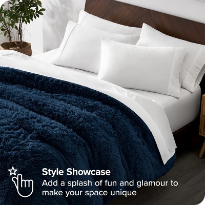 Full Dark Blue Shaggy Faux Fur Duvet Cover