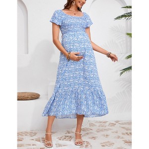 Maternity Dress Summer Ruffle Short Sleeve Square Neck Smocked Midi Dress Baby Shower Photoshoot - 1 of 4