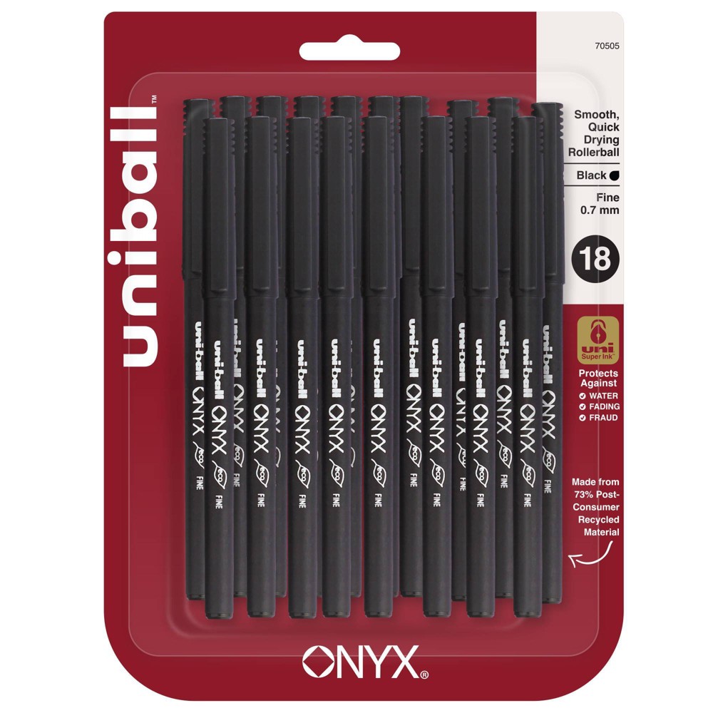 Photos - Accessory uniball 18ct Onyx Rollerball Pens Black Fine Point 0.7mm Black Ink: Fade-Resistant, School Supplies, Pocket Clip