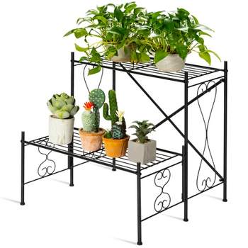 Tangkula 2-Tier Metal Plant Stand Flower Rack Pot Shelf Home Storage Organizer Black
