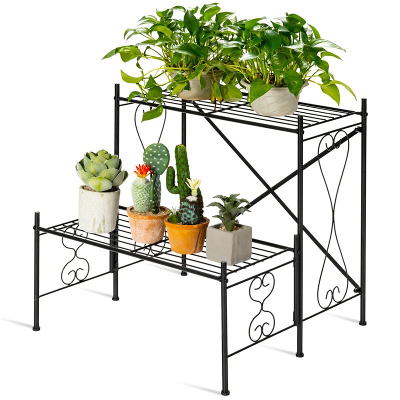 Tangkula 2-Tier Metal Plant Stand Flower Rack Pot Shelf Home Storage Organizer Black, 1 of 7