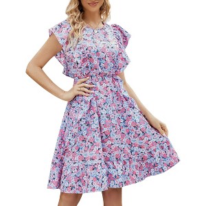 Womens Summer Dress Ruffle Cap Sleeve Sundress with Round Neck Midi Dress with Gathered Hem Empire Waist Flutter Dress - 1 of 4