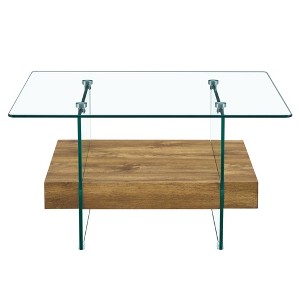 ChicFurnit Coffee Table Modern Two Tier Square with Clear Glass and Light Wood for Living Room, Brown, 31.4"*31.4"*16.6" - 1 of 4
