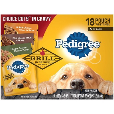 Pedigree Pouch Choice Cuts In Gravy Wet Dog Food Grilled Chicken, Filet Mignon & Smoked Chicken - 3.5oz/18ct Variety Pack