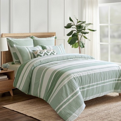 Green and Cream Cotton Twin/Twin XL Ruffled Duvet Set