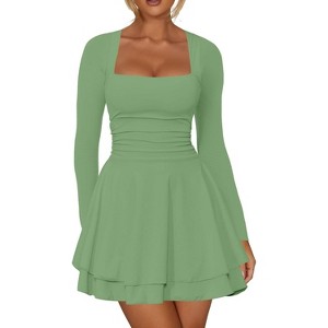 Long Sleeve Corset Mini Dress with Square Neck & Ruffle Hem, Ruched Waist Party Dress for Night Out, Cocktail, Dinner Date Pea Green - 1 of 4