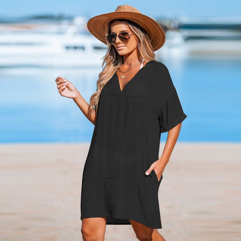 Women's Black Drop Shoulder Short Sleeve Mini Cover-Up Dress - Cupshe, 2 of 6