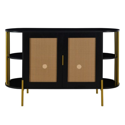 TIRAMISUBEST Elegant Curved Dining Cabinet with Gold Trim & Woven Rattan Doors-Buffet Sideboard Cabinet
