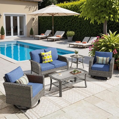 XIZZI Outdoor Wicker Sofa Set with Optional Swivel Chairs, 3.5" Cushions 5 Colors (Gray, Black, Navy, etc.), All-Weather Rattan, Modular 2-7 Pieces