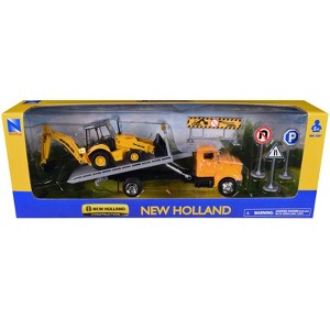 Peterbilt 335 Roll-Off Flatbed Truck and New Holland B110C Backhoe Loader with Street Signs Diecast Models by New Ray - 1 of 4