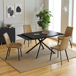 Retractable Sintered Stone 5-Piece Dining Table Set with 4 Chairs, 59"-83" Extendable Table, Rectangular Design with Cross-Leg Carbon Steel Base - 1 of 4