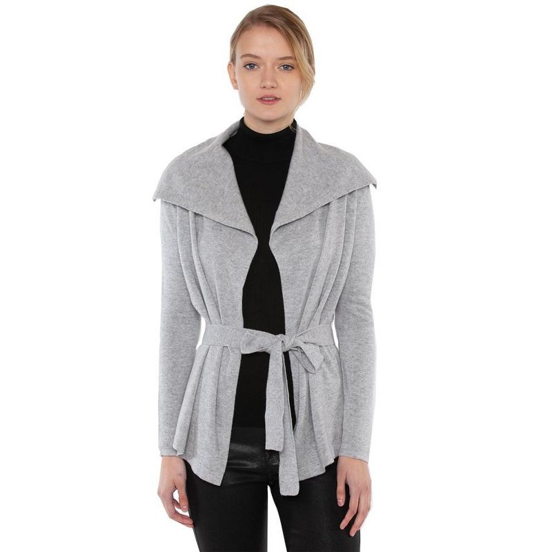 JENNIE LIU Women's 100% Pure Cashmere Long Sleeve Belted Cardigan Sweater, 1 of 4