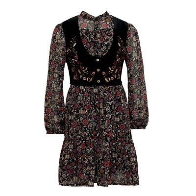 Amy Byer Printed Tiered Dress with Embroidered Stretch Velvet Vest