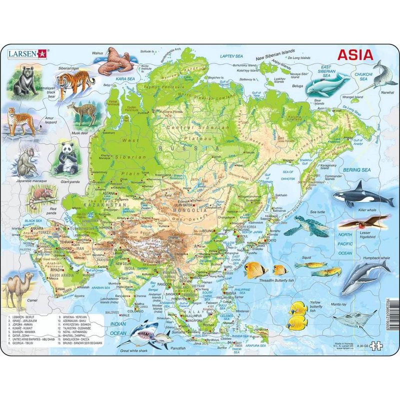 Larsen Puzzles Asia Map with Animals Kids Jigsaw Puzzle - 63pc, 1 of 6