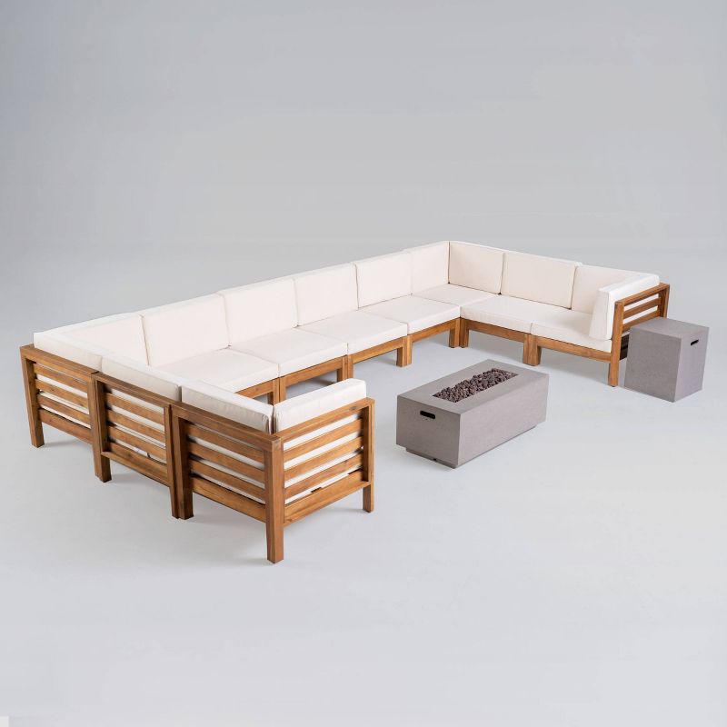 Oana 12pc Acacia U-Shaped Sectional Sofa Set with Fire Pit - Teak/Beige and Light Gray - Christopher Knight Home, 3 of 9