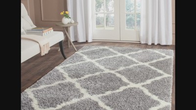 Ivory and Grey Square Hand-knotted Shag Rug