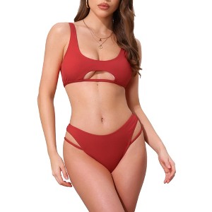 INSPIRE CHIC Women's Cutout Racerback Ribbed Bikini Sets, Scoop Neck Top Triangle Bottom Swimwear Bathing Suits 1 Set - 1 of 4