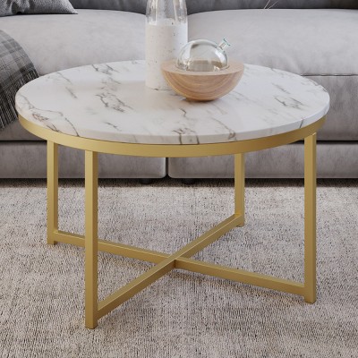 Lavish Home Round Coffee Table With Faux Mable Top And Metal Crossbeam ...