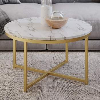 Round Coffee Table With Geometric Metal Base – Small Modern Accent ...