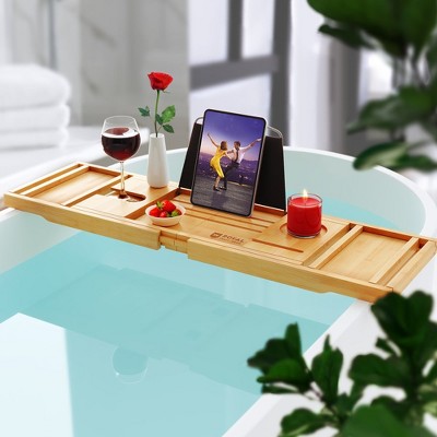 Natural Bamboo Foldable Bathtub Caddy Tray with Accessories