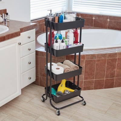 Black 4-Tier Metal Rolling Utility Cart with Mesh Baskets