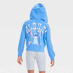 Girls' Disney Stitch Aloha Embroidered Terry Hooded Zip-Up Sweatshirt - Blue - 1 of 4