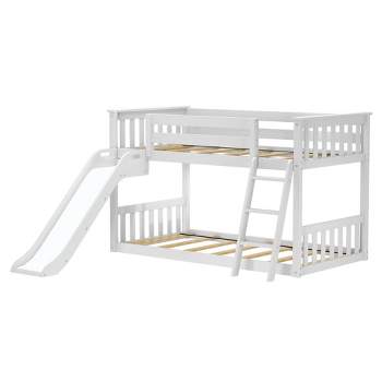Max & Lily Twin Over Twin Low Bunk Bed with Slide, Solid Wood Kids Platform Bed with 14” Guardrails