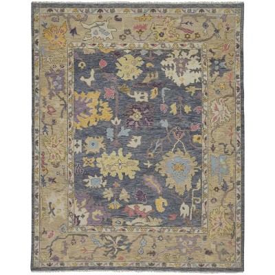 Gold Blue and Purple Wool Oriental Hand Knotted Area Rug With Fringe