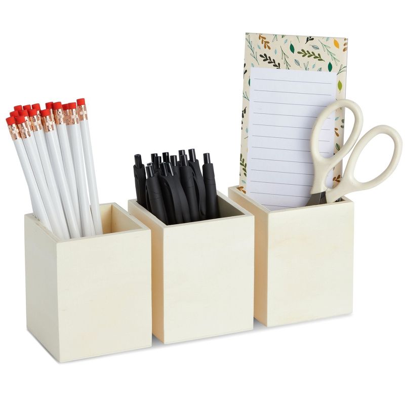 Genie Crafts 3 Pack Unfinished Wood Pencil Holder Cups for Office - Pen Accessories Organizer and Storage for Classroom Desk (3 in), 1 of 9