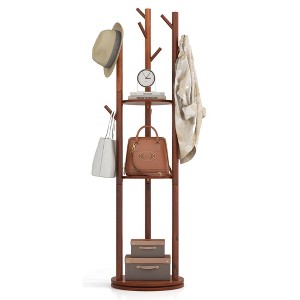 Costway Freestanding Wooden Coat Tree 360° Rotary Coat Rack with 3 Display Storage Shelves - 1 of 4