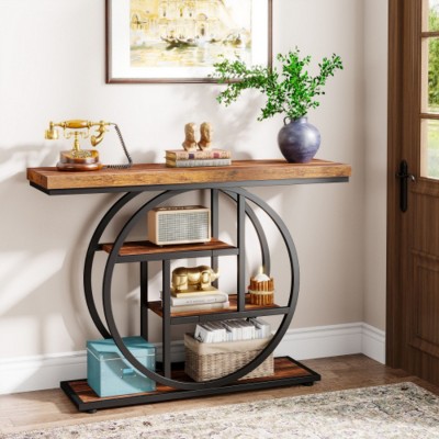 Syemin Console Tables Industrial Console Table, 4-Tier Rustic Sofa Table with Storage Shelve, Narrow Entryway Accent Table, Brown, 41.34"*11.8"*31.5"