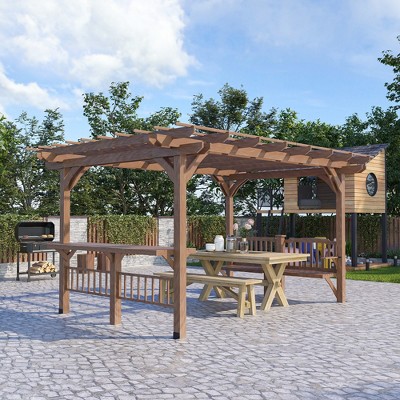 Outsunny 14' x 10' Brown Fir Wood Outdoor Pergola with Bar Counters and Seating