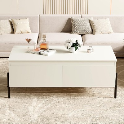 White Coffee Table with 2 Handleless Storage Drawers, Modern Rectangle Center Table with Metal Legs, Easy Assembly, 39.3"x21.45"x17.7"