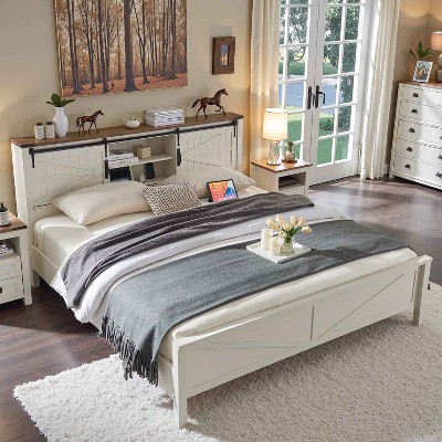 SinCiDo Farmhouse Bed Frame,w/Charging Station, Storage Bookcase Headboard,Sliding Barn Door,No Box Spring Needed, w/Wood Slats Support