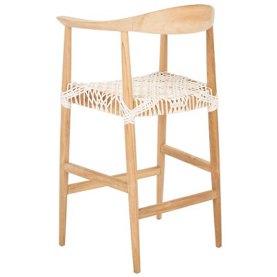 Curved Natural Teak & Woven White Leather Counter Stool