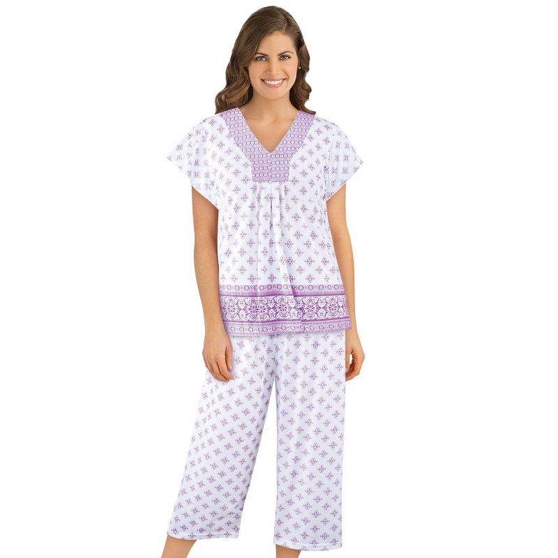 Collections Etc Border Floral Print Capri Pajama Set with Short Sleeve V Neck Shirt, Comfy Lounge and Sleeping Apparel, 1 of 4