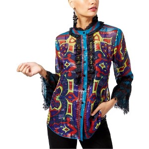 I.N.C International Concepts Womens Silk Ruffled Button Up Shirt, Multicoloured, Small - 1 of 1